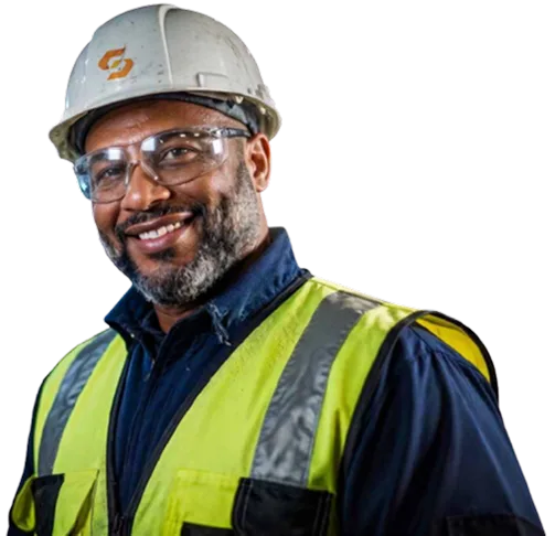 Retrato de colaborador da Sigma sorrindo, usando capacete branco com logotipo, óculos de proteção e colete de segurança
