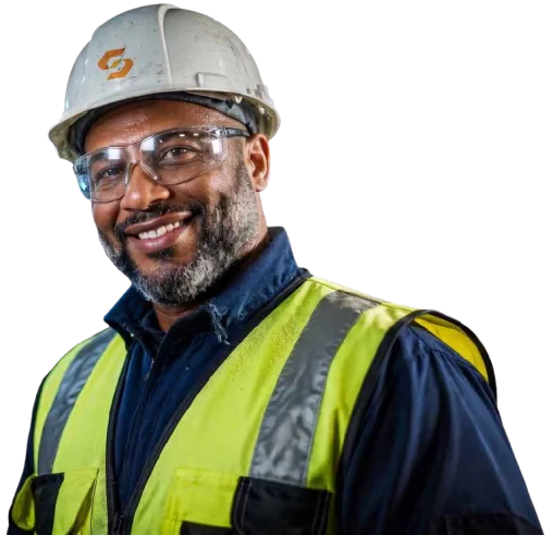 Retrato de colaborador da Sigma sorrindo, usando capacete branco, óculos de proteção e colete de segurança