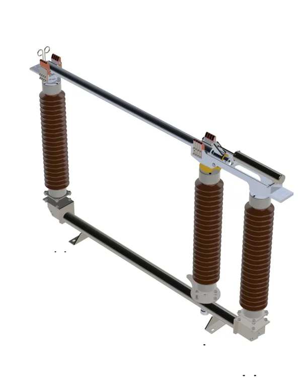 Seccionadora de abertura vertical AV, com três colunas de isoladores, duas fixas e uma rotativa